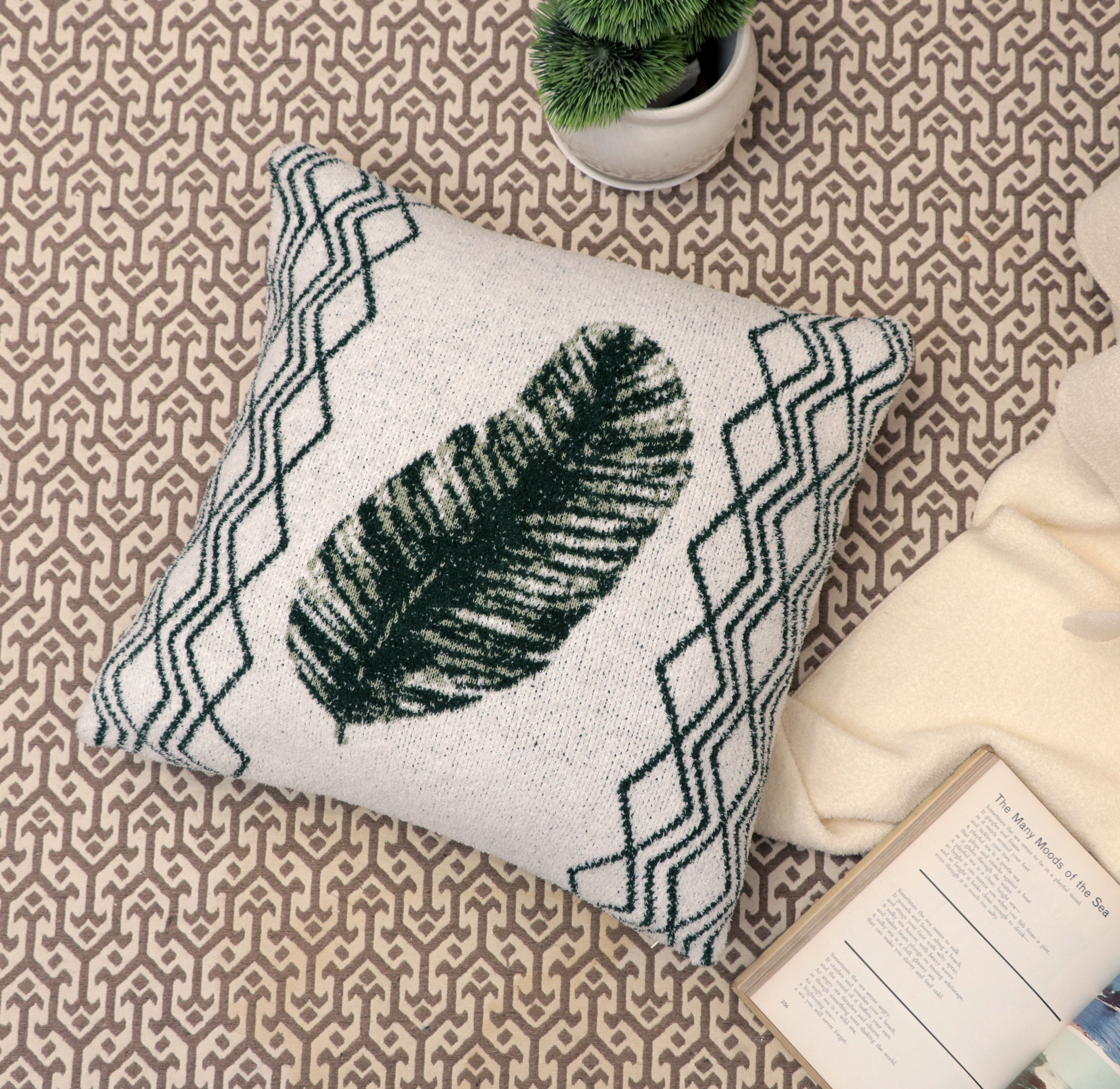 Fifth Element Emerald Leaf Knit Cushion