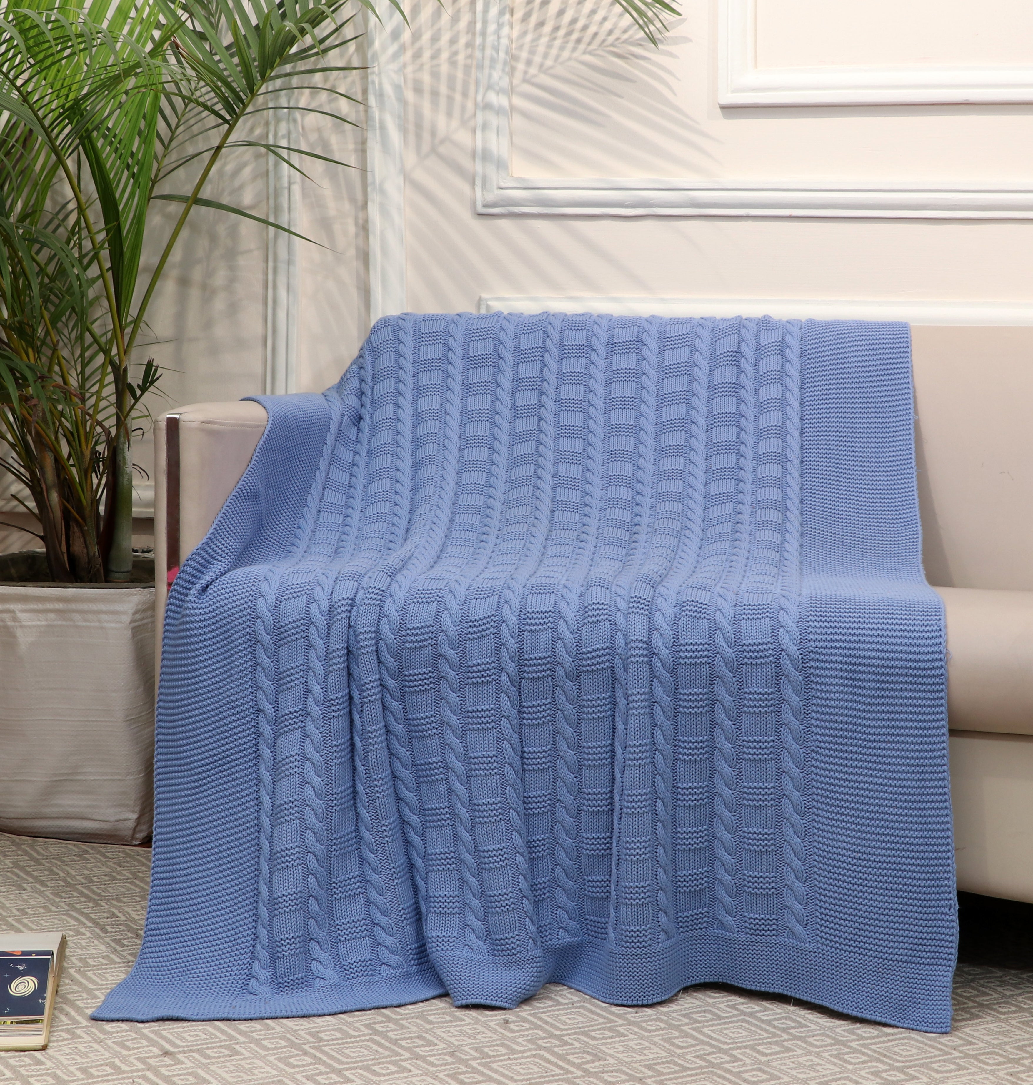 Fifth Element Cable Knitted Throw – Sky Blue