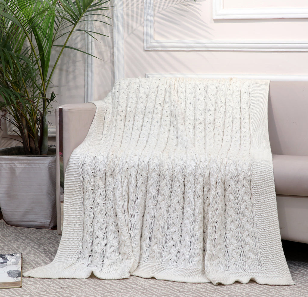 Fifth Element Cable Knitted Throw – Ivory White