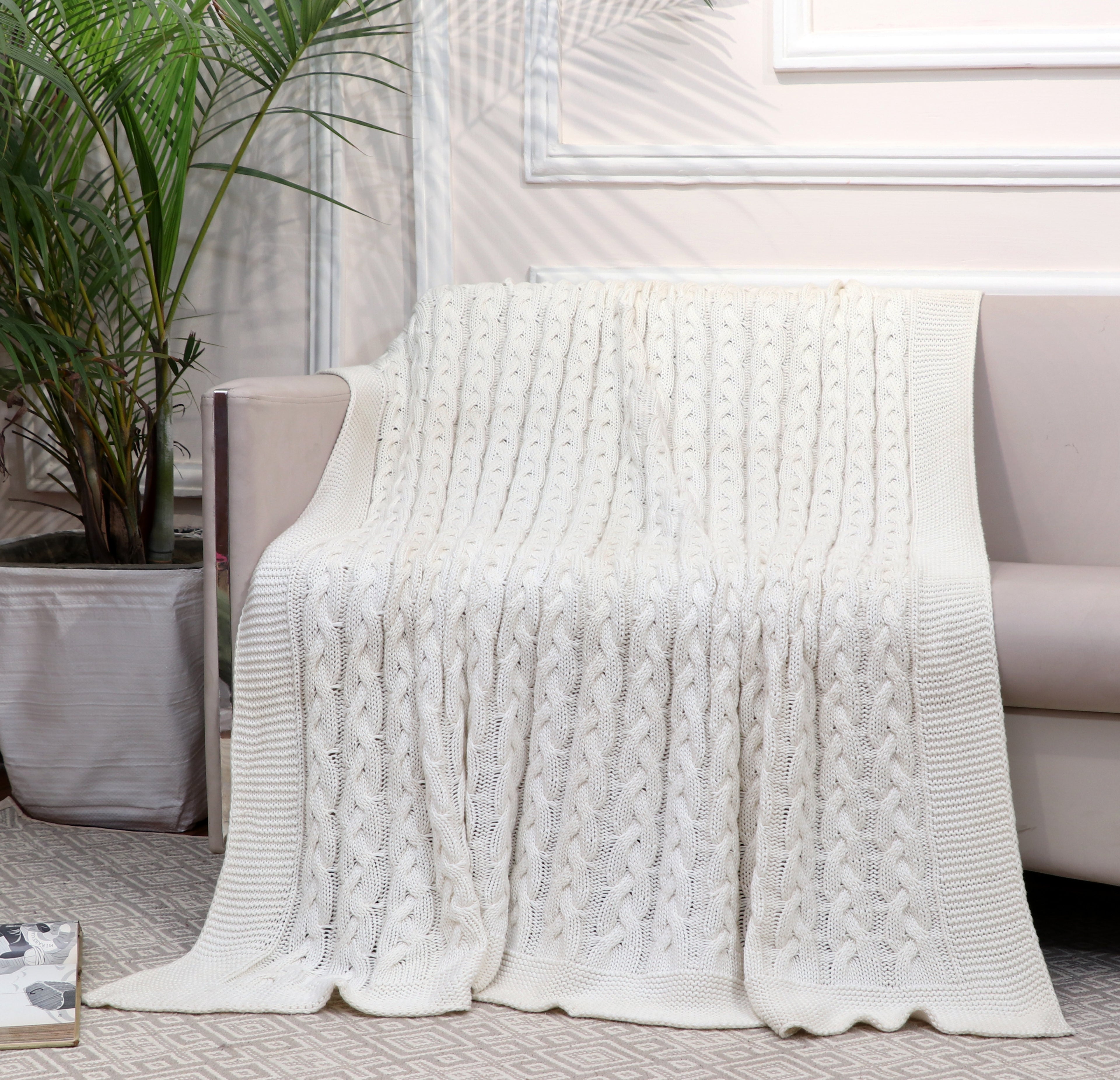 Fifth Element Cable Knitted Throw – Ivory White