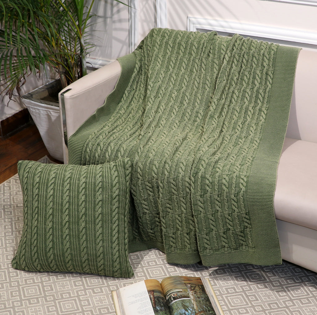 Fifth Element Olive Braided Cable-Knit Throw