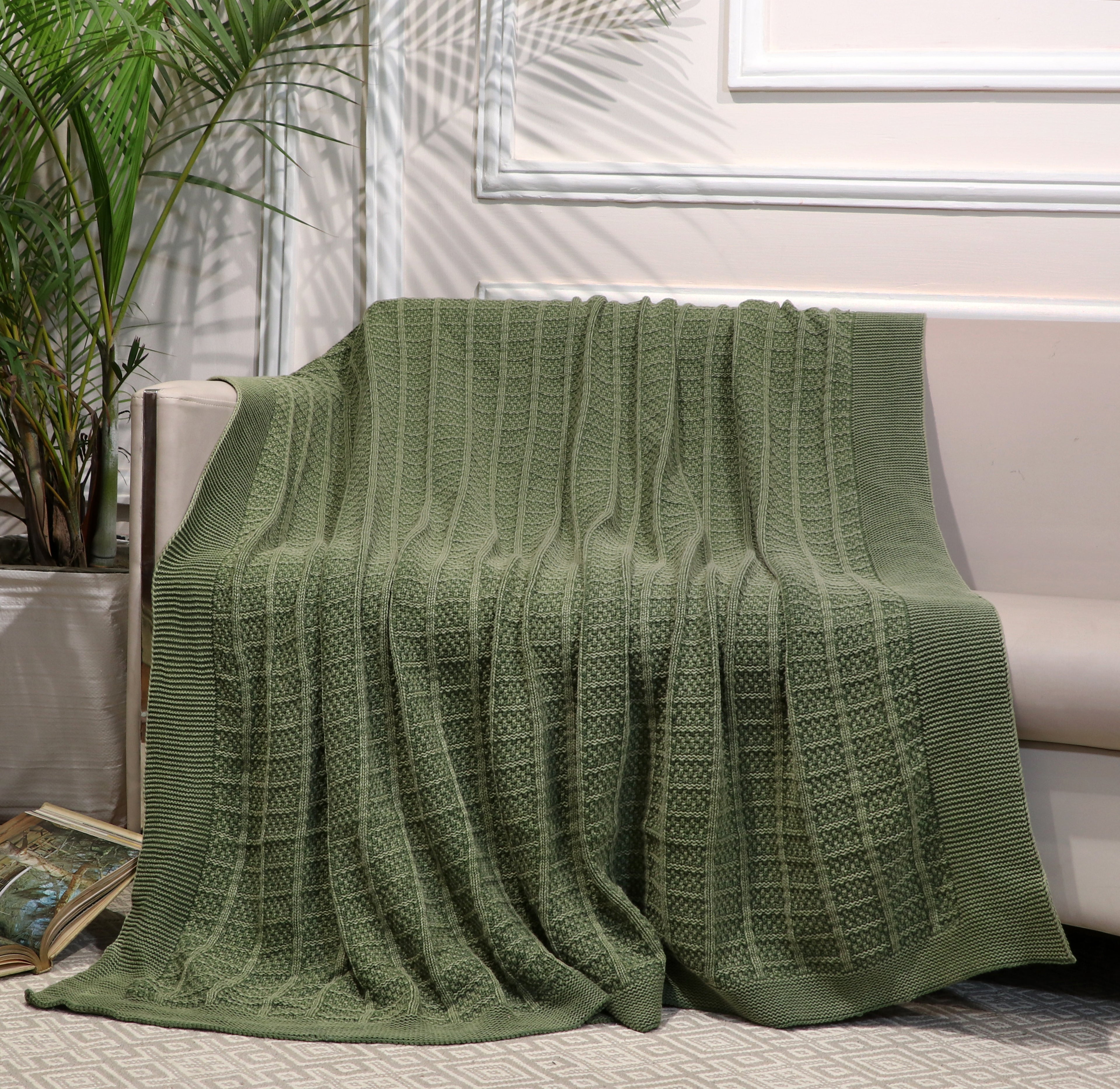 Fifth Element Olive Textured Grid-Knit Throw