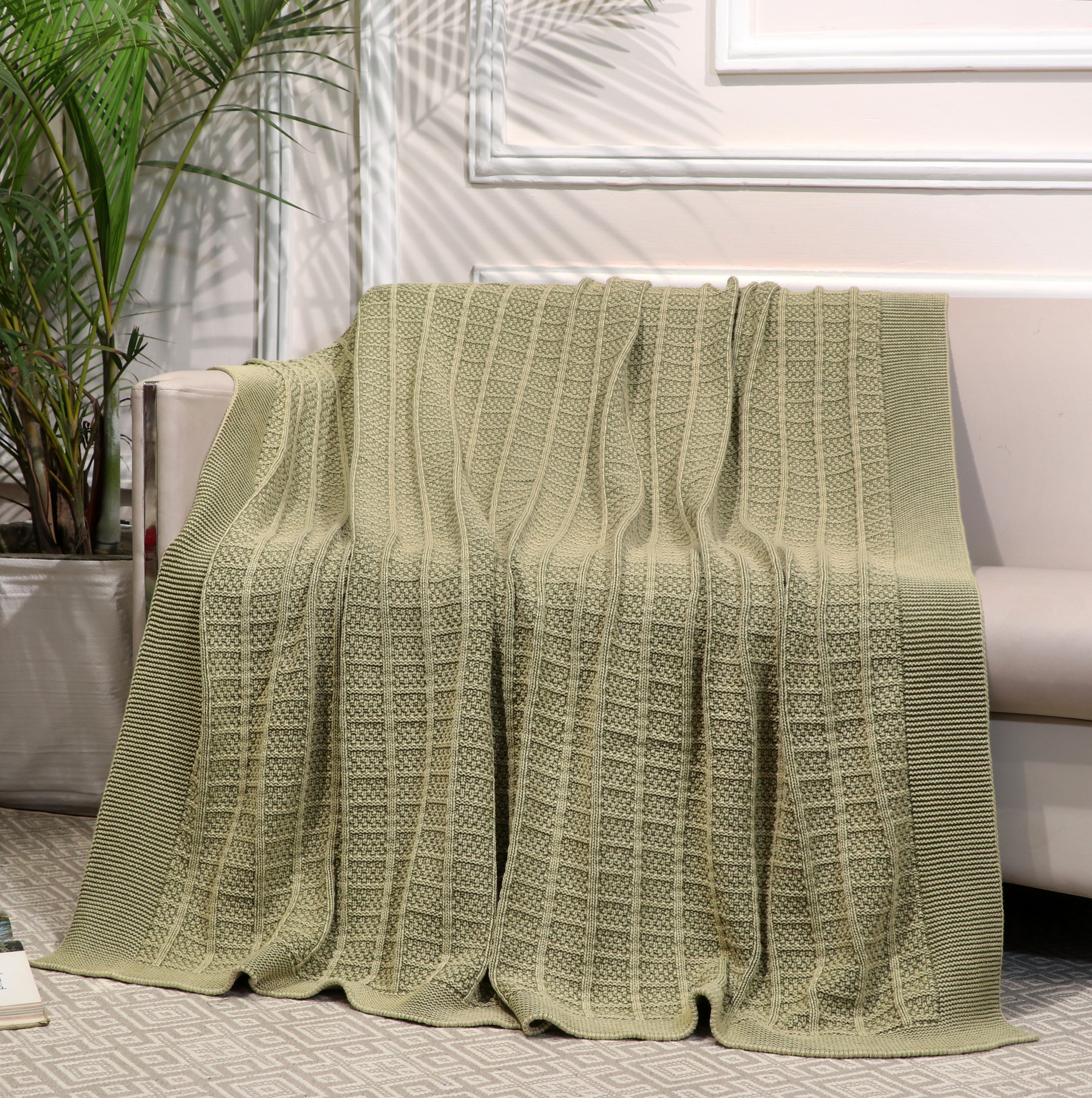 Fifth Element Sage Textured Grid-Knit Throw