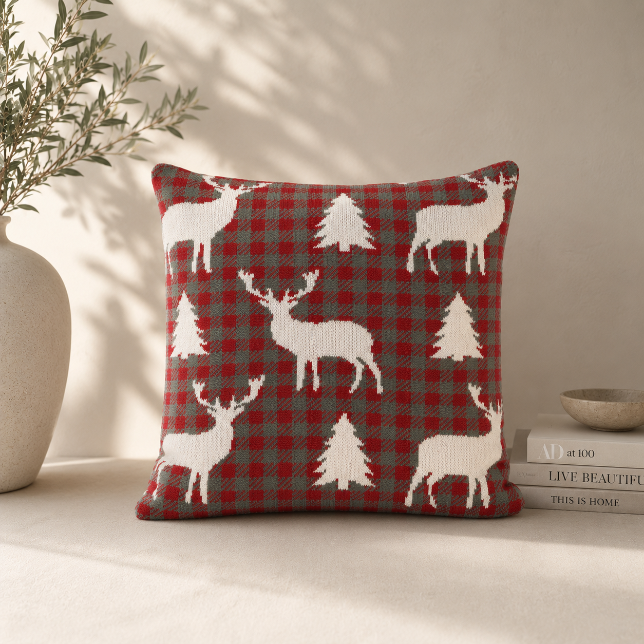 Winter Reindeer Check Knitted Cushion