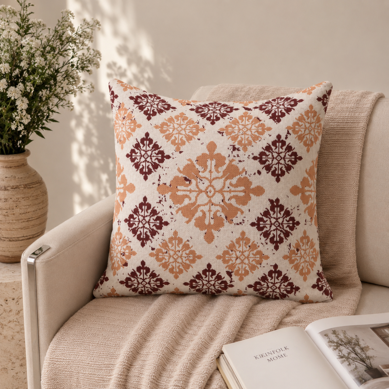 Classic Beige & Maroon Motif Knitted Cushion
