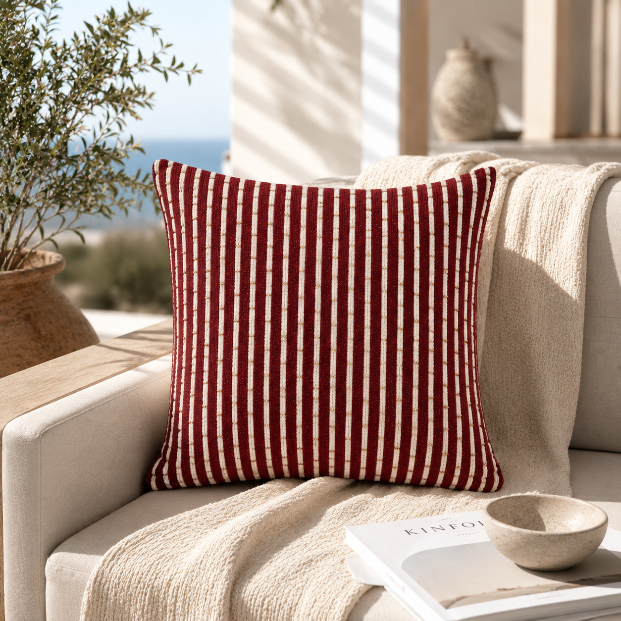 Maroon Striped Knitted Cushion