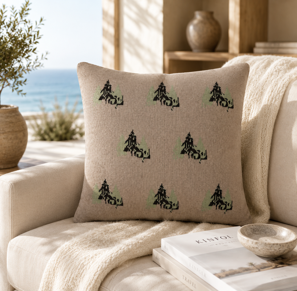 Beige Forest Pattern Knitted Cushion