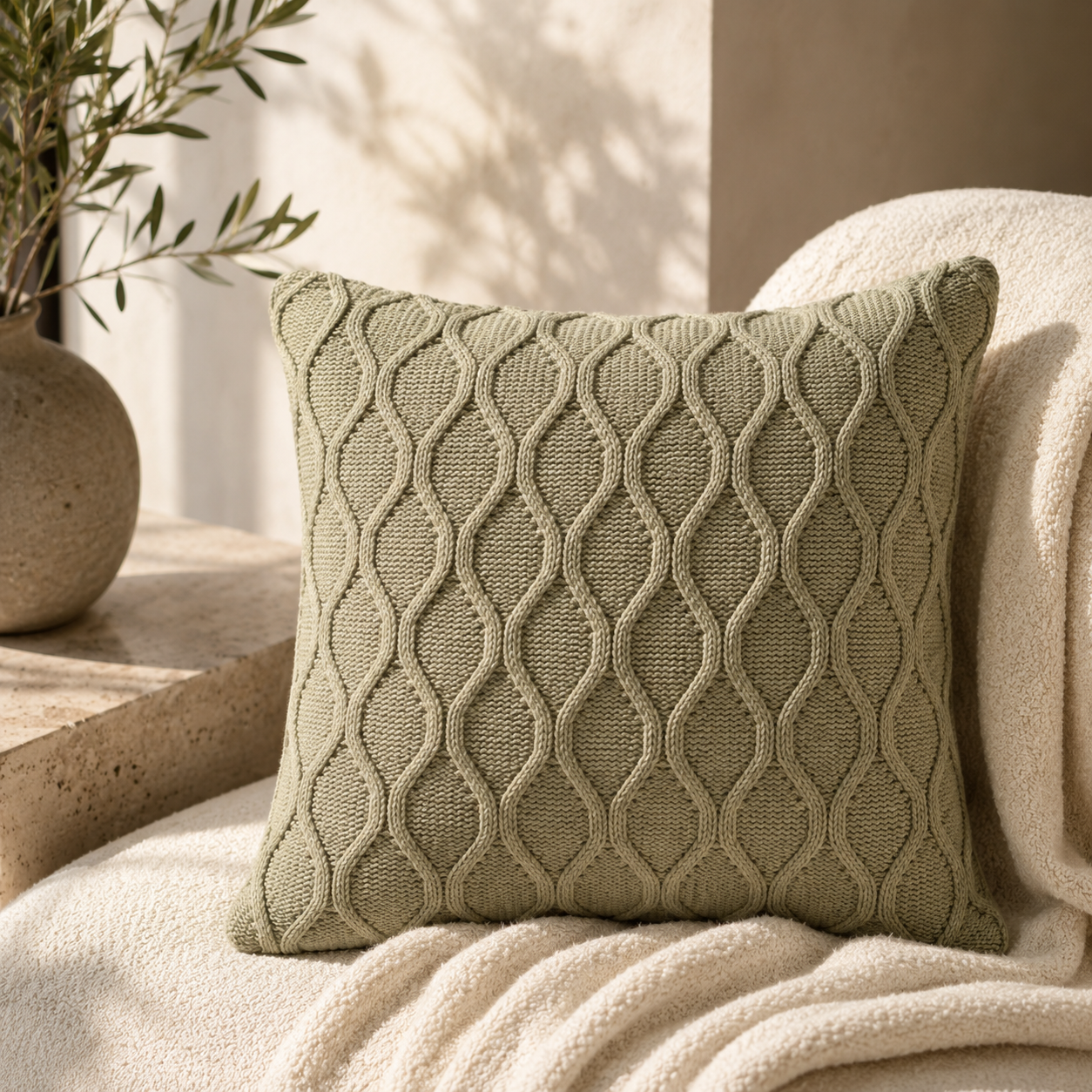 Olive Textured Knit Cushion