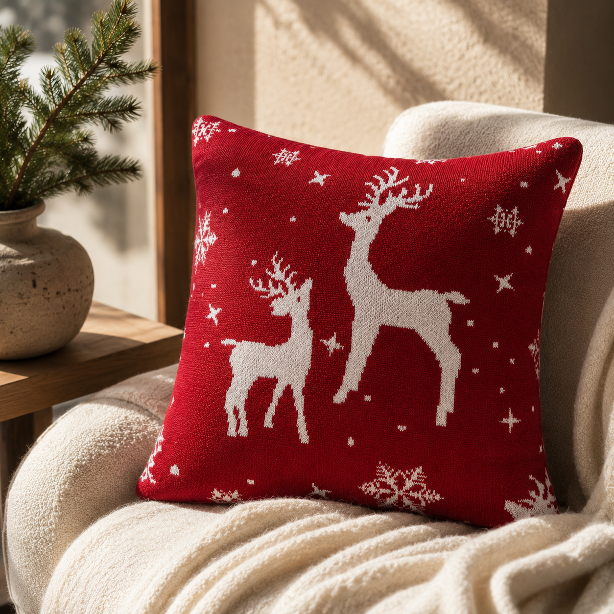 Red Reindeer Knit Cushion