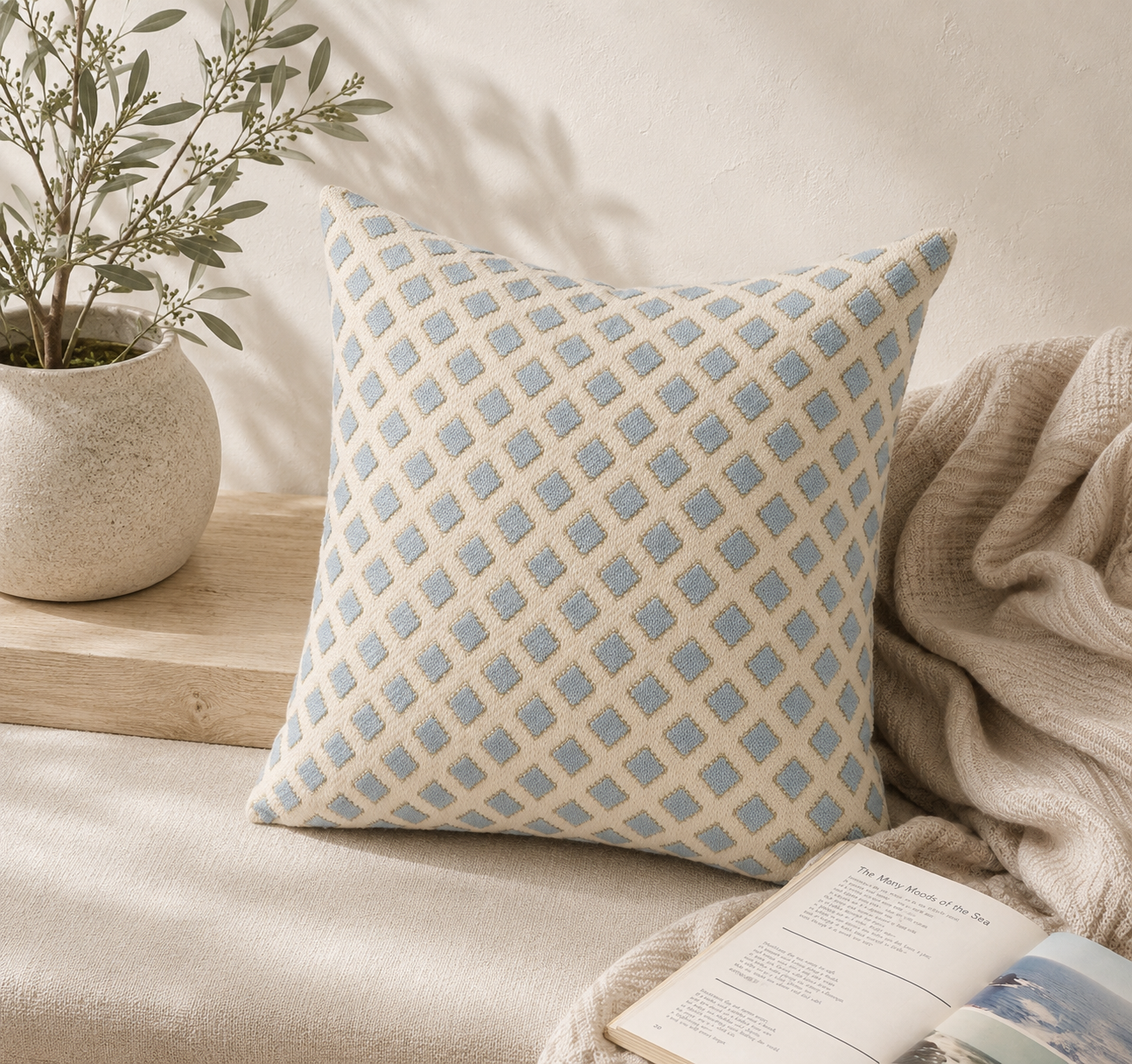 Blue Geometric Knit Cushion