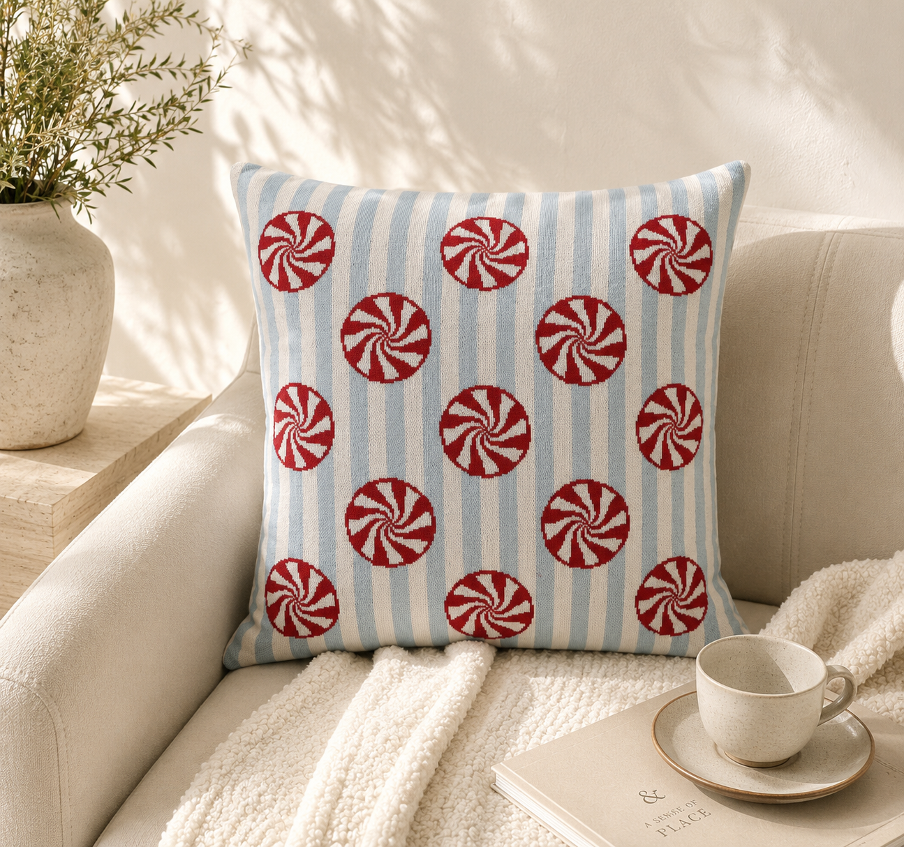 Blue & Red Peppermint Pattern Cushion