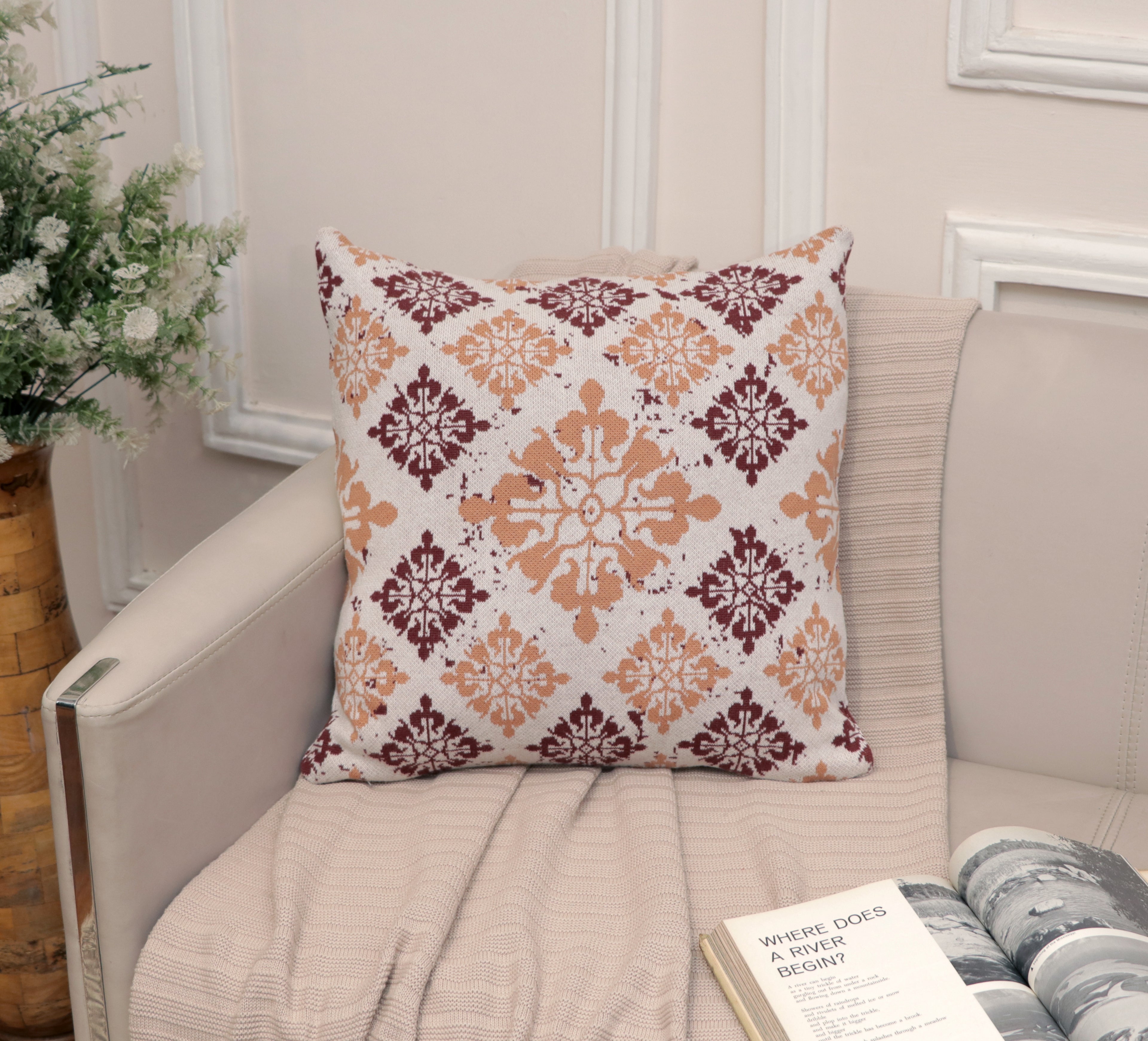 Fifth Element Classic Beige & Maroon Motif Knitted Cushion