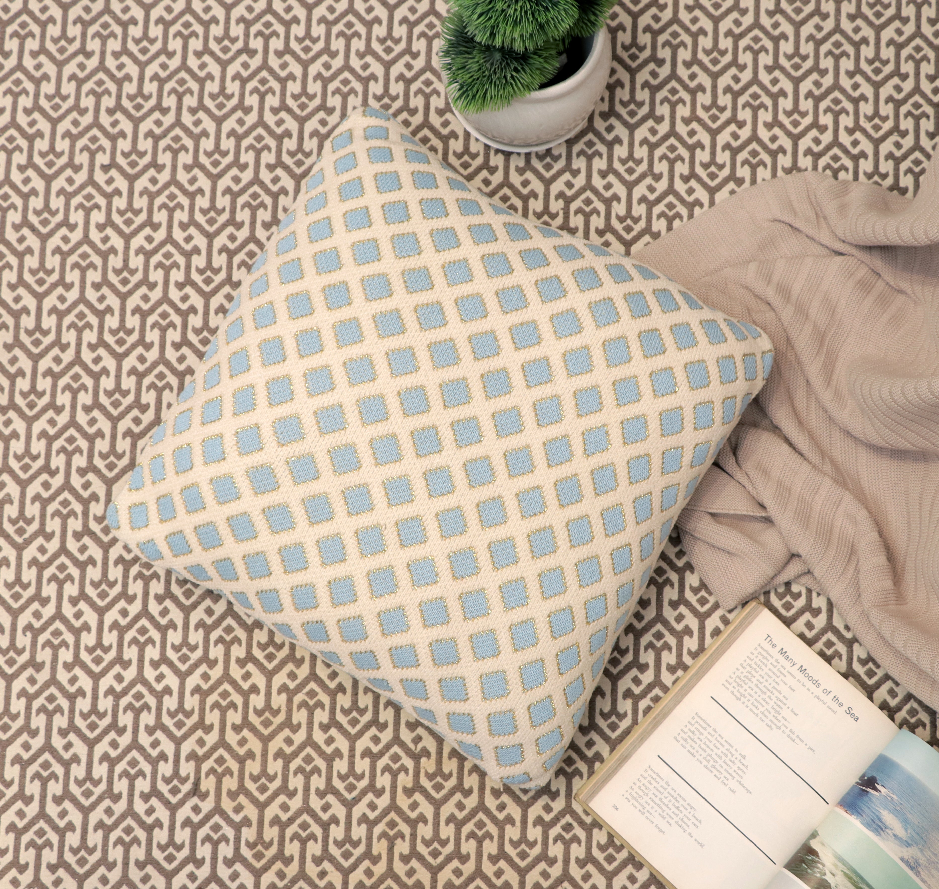 Fifth Element Blue Geometric Knit Cushion