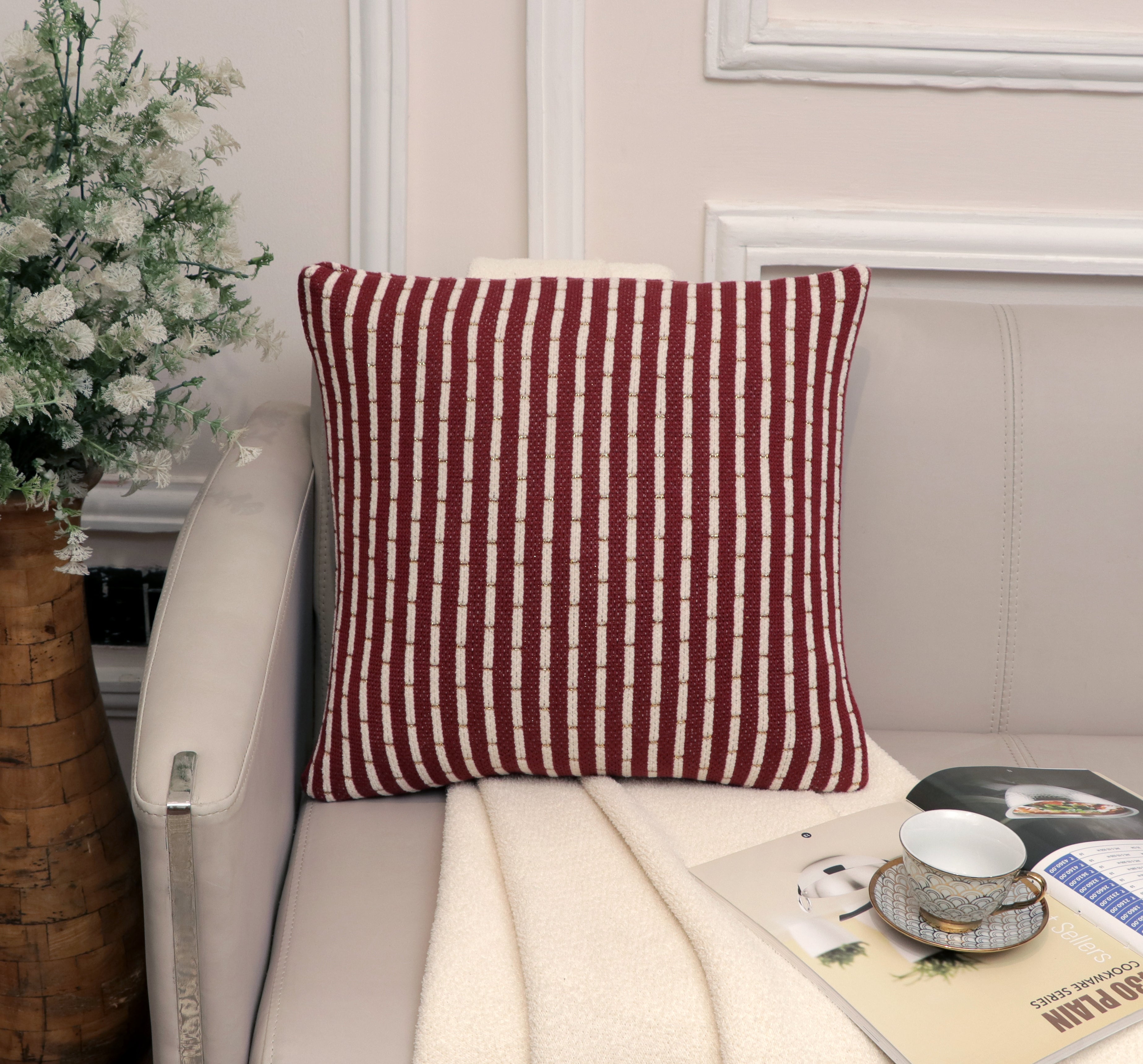 Fifth Element Maroon Striped Knitted Cushion