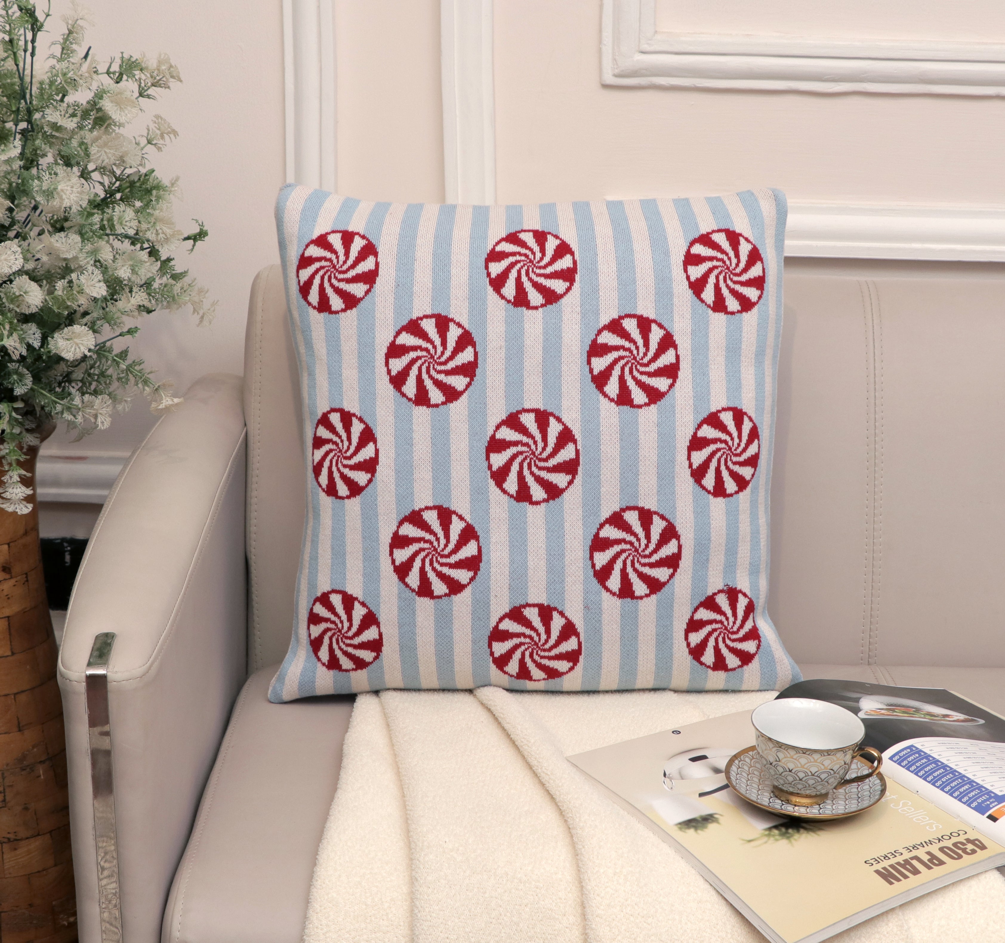 Fifth Element Blue & Red Peppermint Pattern Cushion