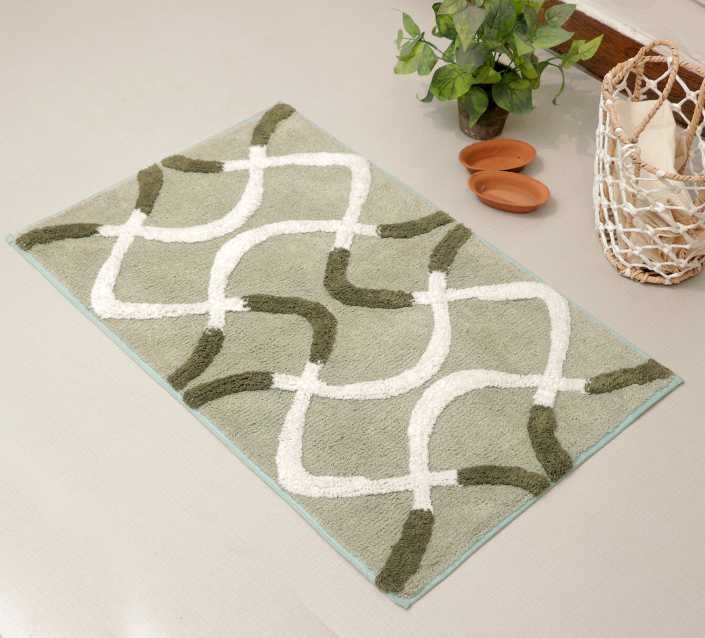 Fifth Element Sage Green Abstract Tufted Bath Mat