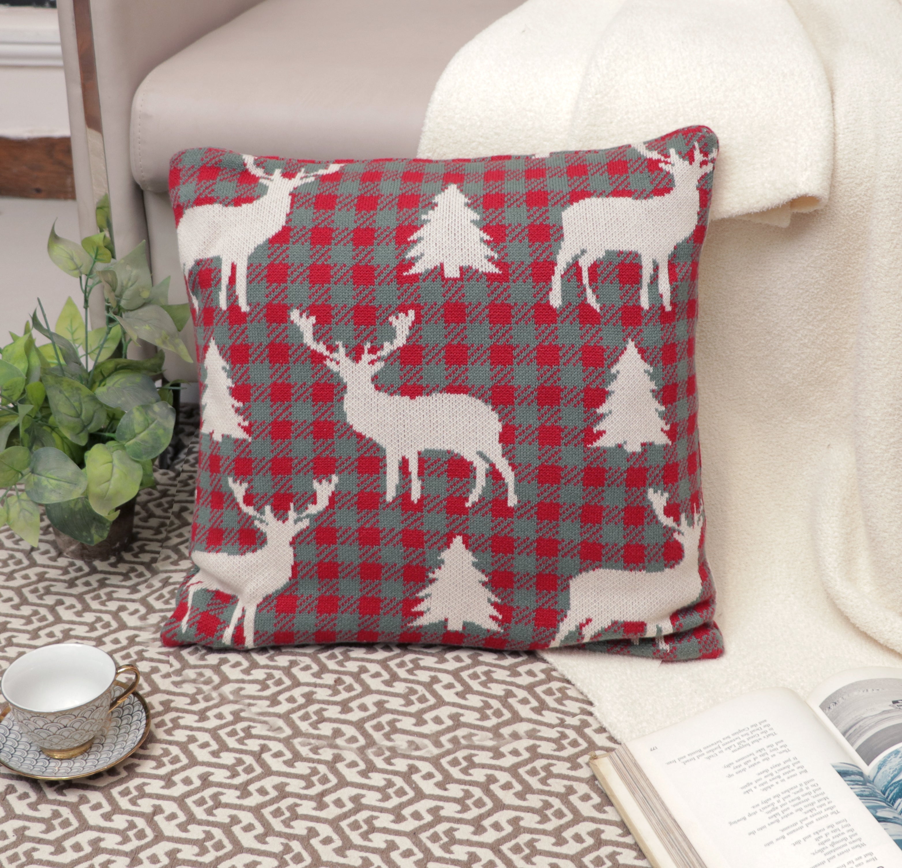 Fifth Element Winter Reindeer Check Knitted Cushion