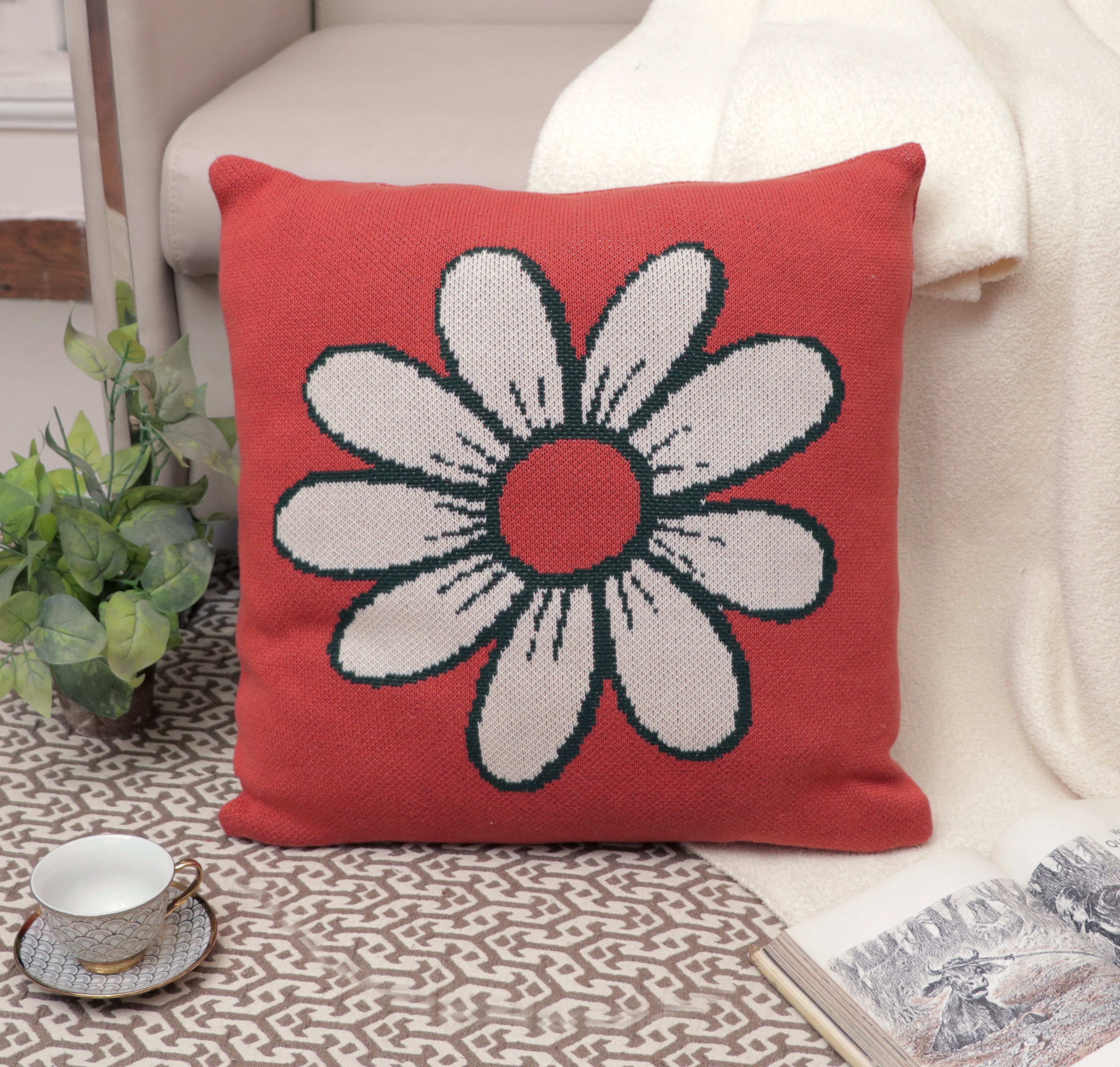 Fifth Element Red Daisy Bloom Knitted Cushion