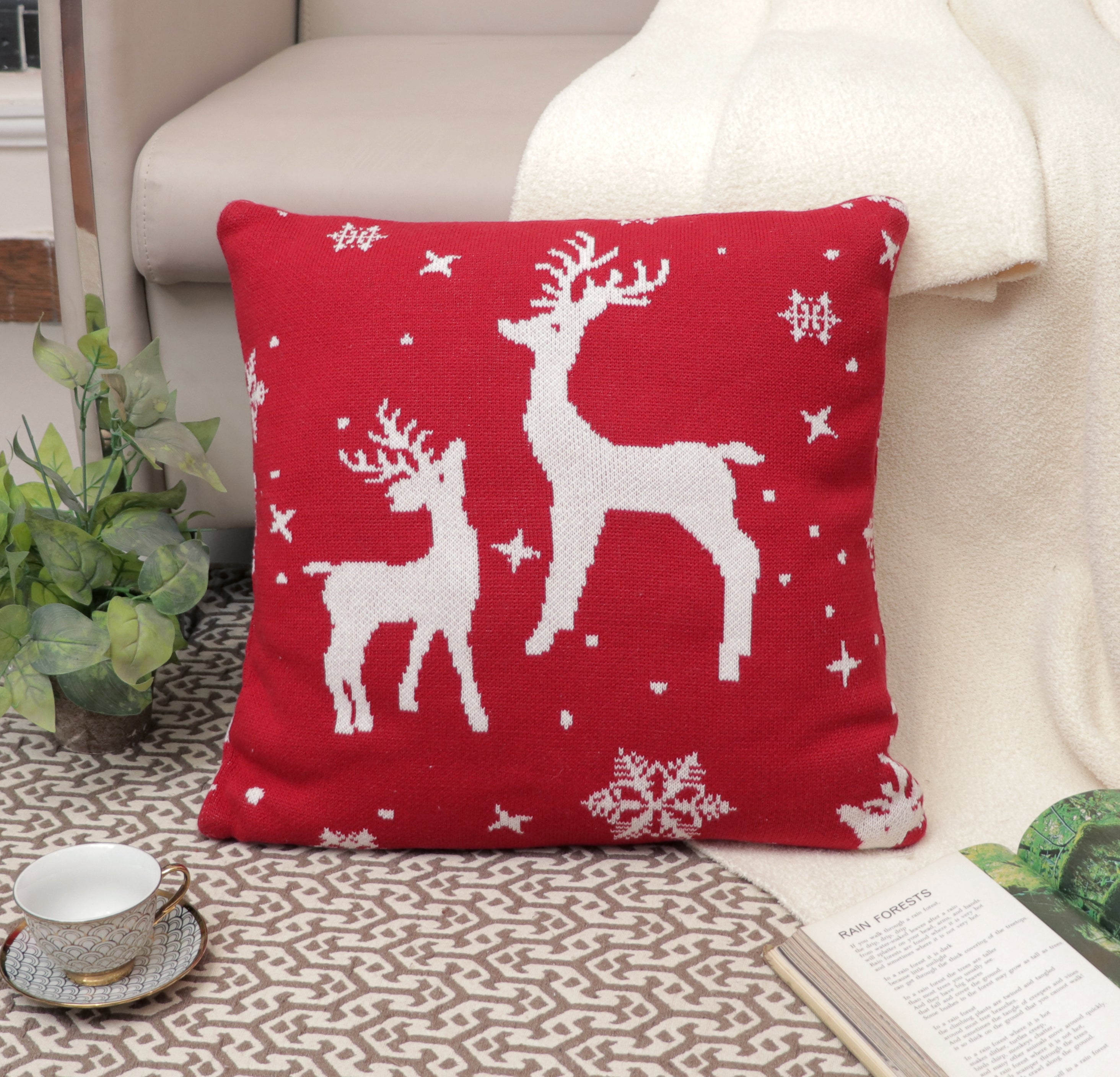 Fifth Element Red Reindeer Knit Cushion